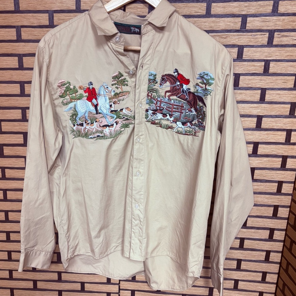 Aintree Tan Horse Embroidered Button Down Shirt‎ Size Large